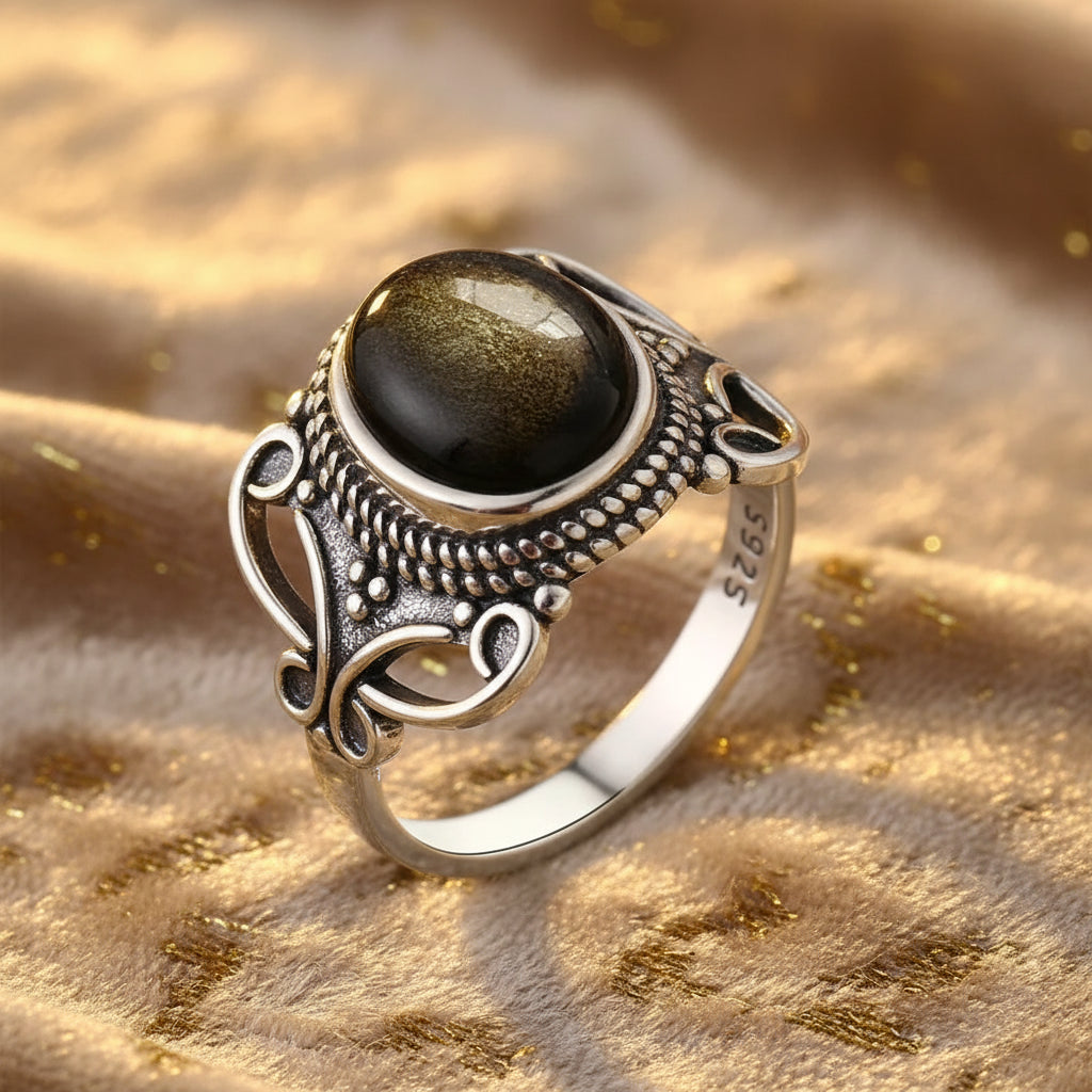 Golden Guardian Ring / Sterling Silver / Golden Obsidian