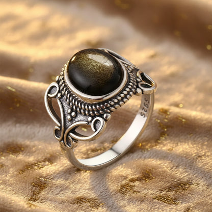 Golden Guardian Ring / Sterling Silver / Golden Obsidian