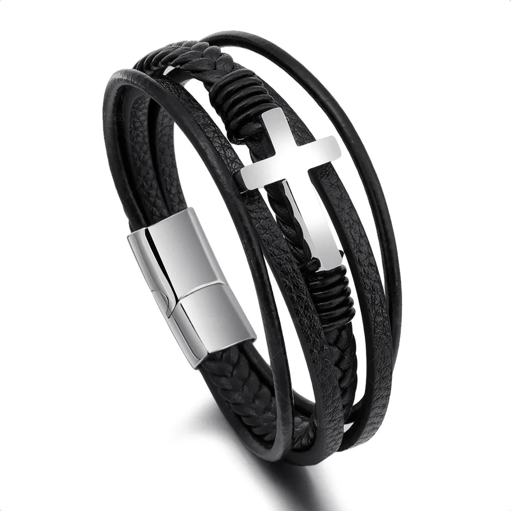 Walk with Faith Leather / Stainless Steel Cross Bracelet