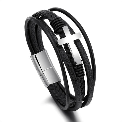 Walk with Faith Leather / Stainless Steel Cross Bracelet