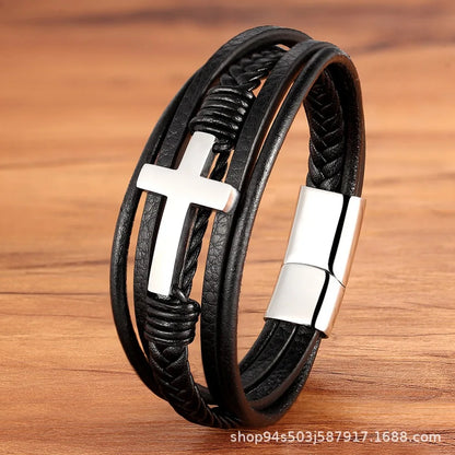 Walk with Faith Leather / Stainless Steel Cross Bracelet
