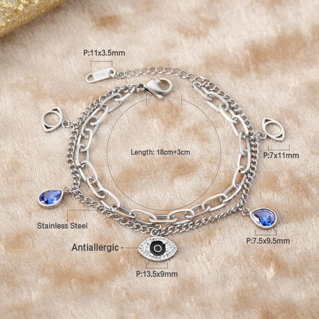 Protected in Light Charm Bracelet / Stainless Steel / Blue & Clear Cubic Zirconia