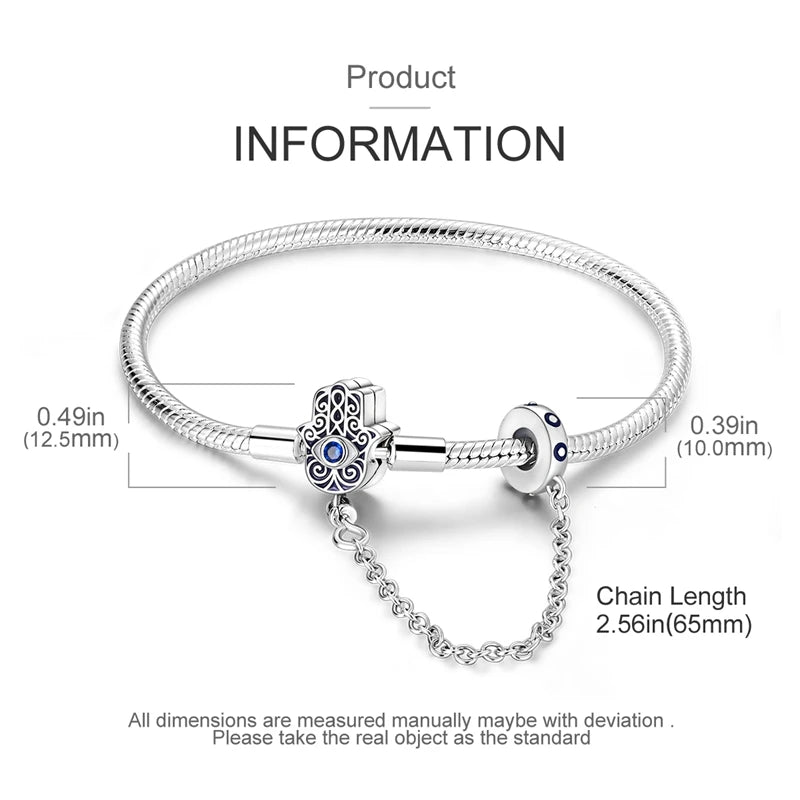 'Eternal Protection' Hamsa Charm Bracelet with Safety Chain / 925 Sterling Silver