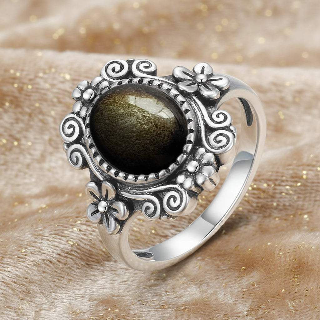 Golden Guardian Ring / Sterling Silver / Golden Obsidian