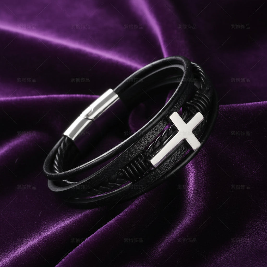 Walk with Faith Leather / Stainless Steel Cross Bracelet