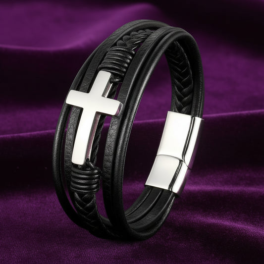 Walk with Faith Leather / Stainless Steel Cross Bracelet