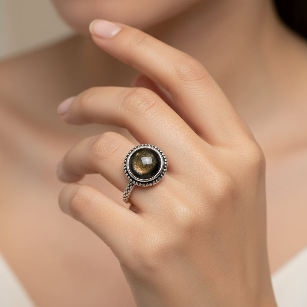 Golden Guardian Ring / Sterling Silver / Golden Obsidian