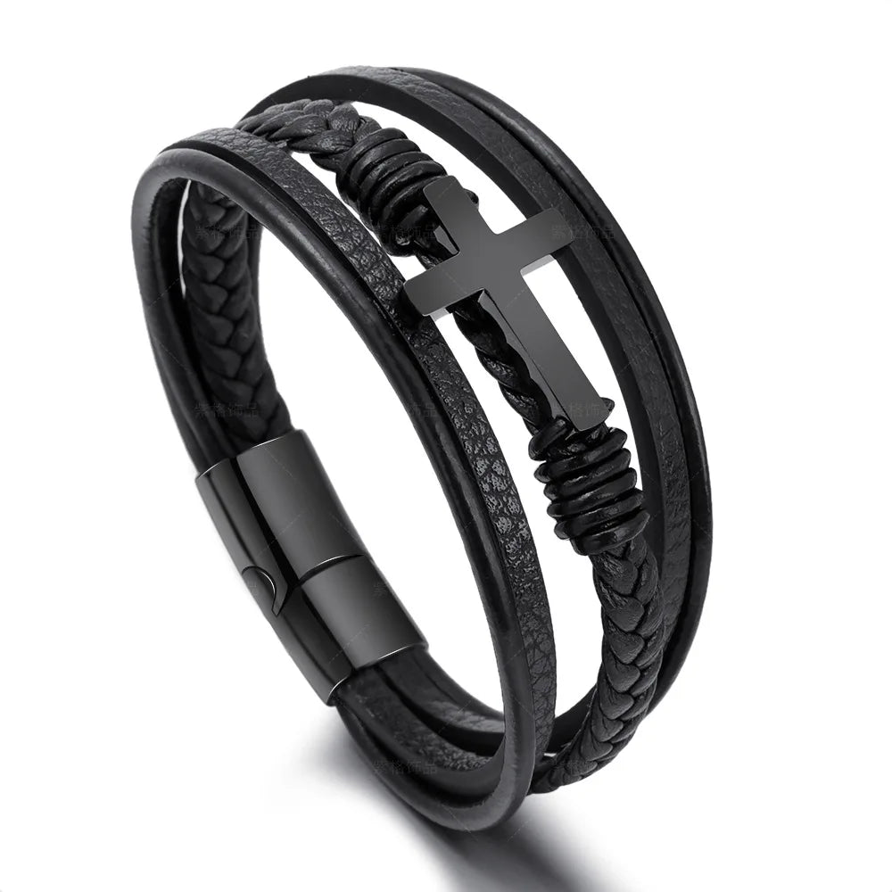 Walk with Faith Leather / Stainless Steel Cross Bracelet