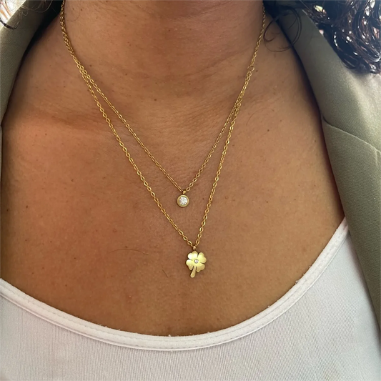 Serendipity Clover Necklace / Stainless Steel Gold Plated / Cubic Zirconia