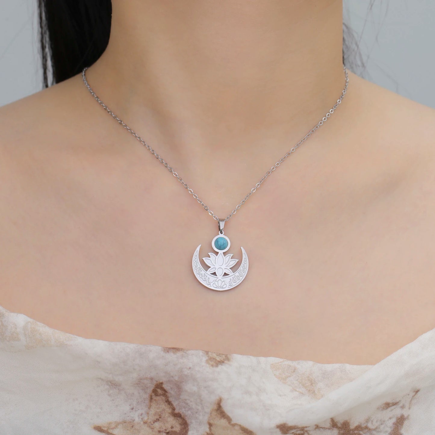 'Lotus Serenity Moon' Pendant / Stainless Steel