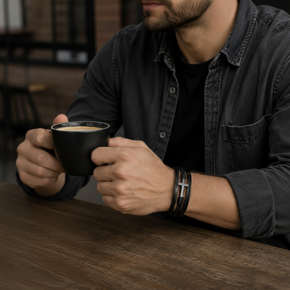 Walk with Faith Leather / Stainless Steel Cross Bracelet